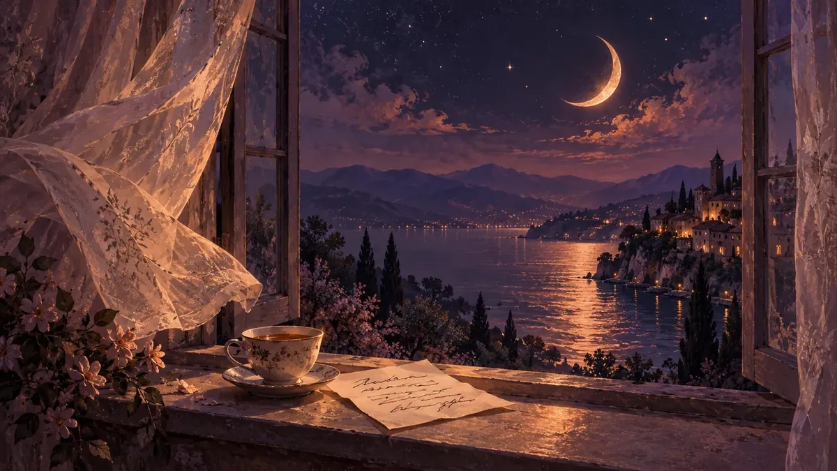 An open window at twilight with a teacup and a letter on the sill beneath a rose-gold crescent moon