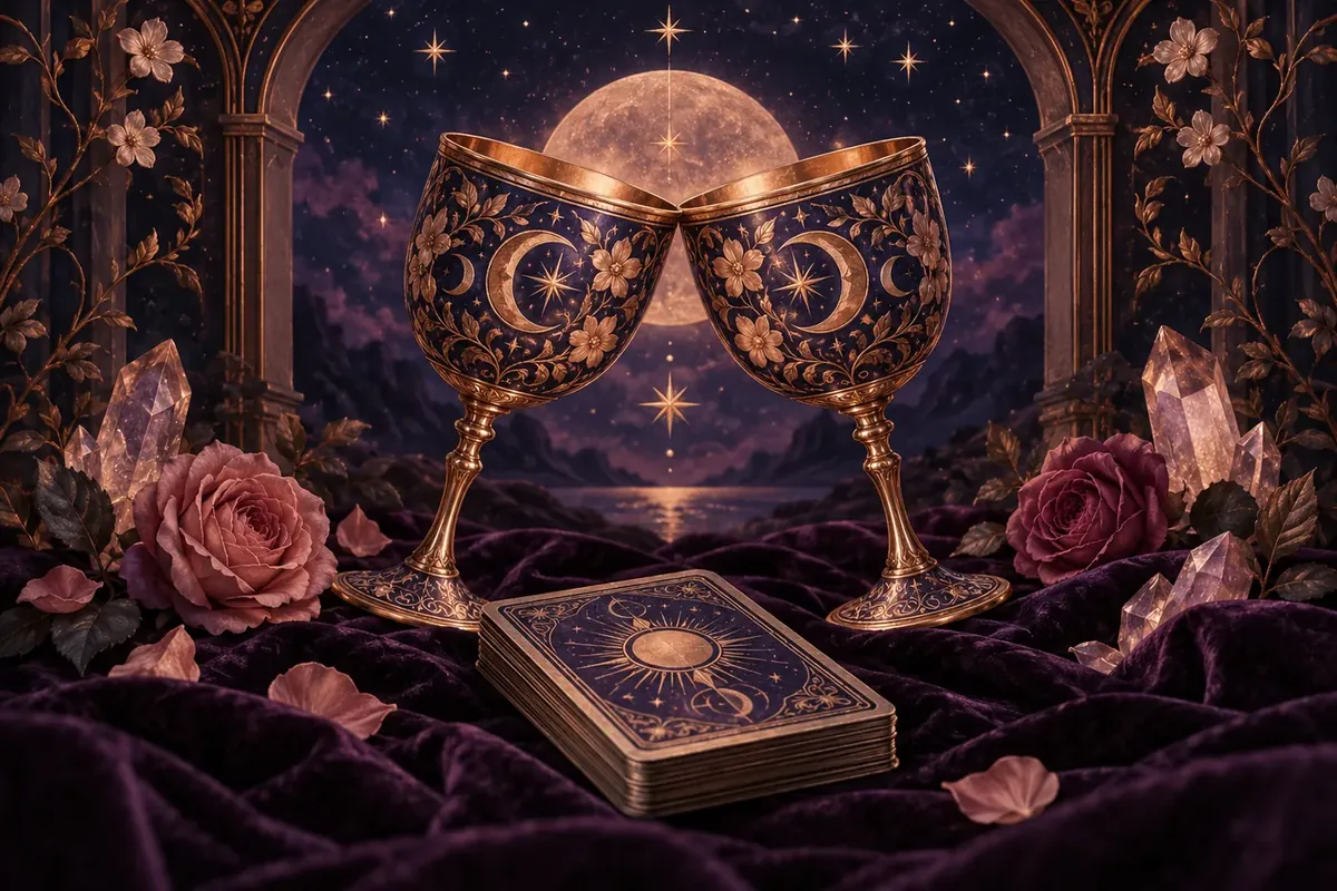 Two ornate cups touching above a small deck of cards on dark velvet