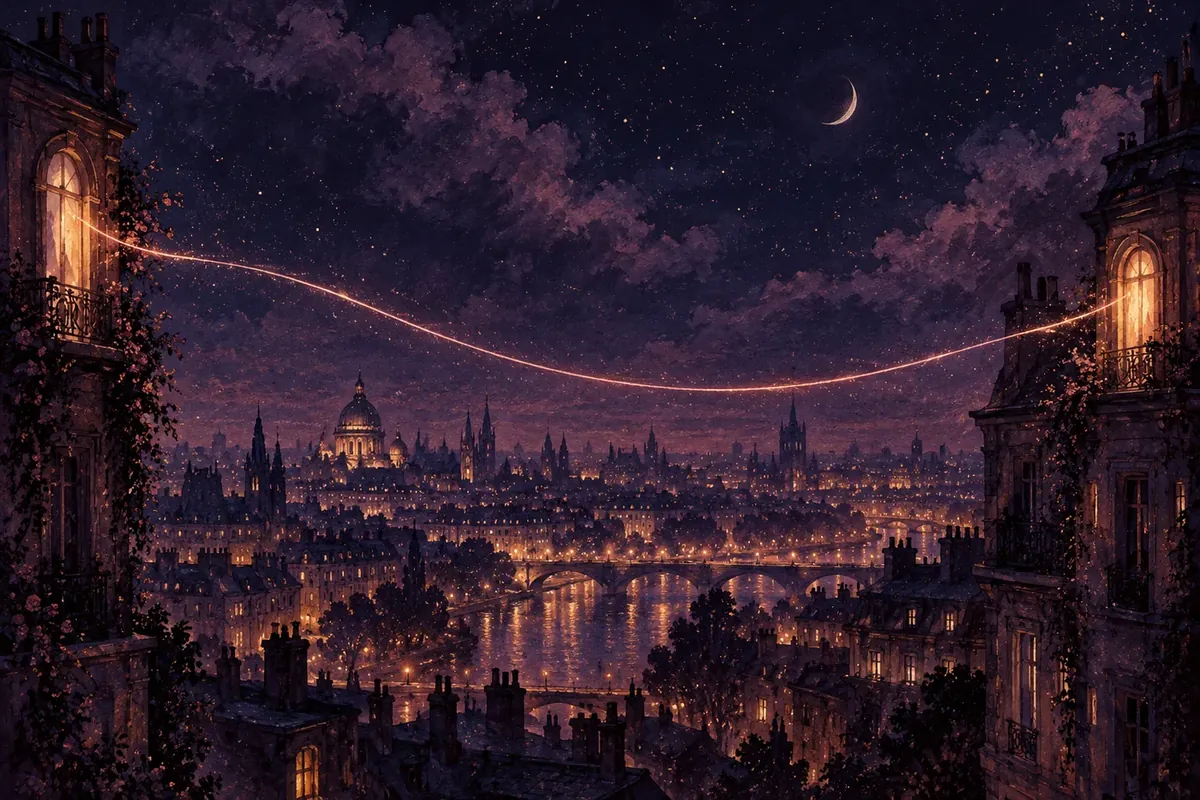 A rose-gold thread of light linking two distant glowing windows across a night city
