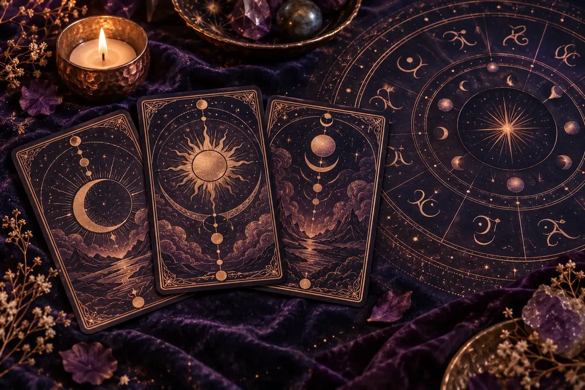 Three tarot cards fanned on dark velvet beside an astrological wheel and a small candle