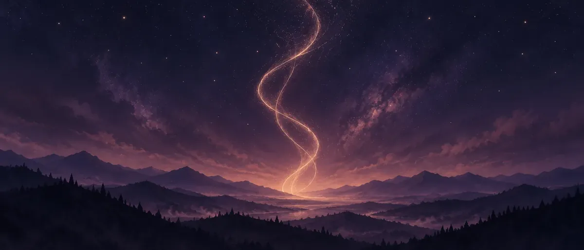 Two streams of rose-gold light spiralling around each other above dark hills