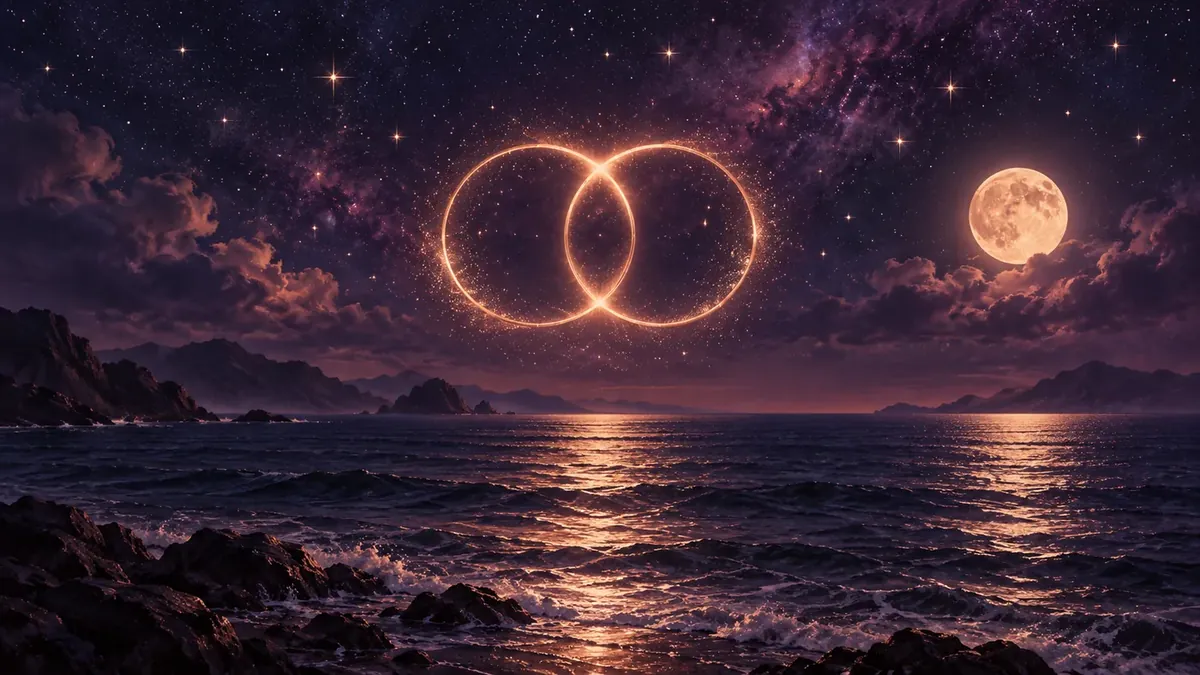 Two overlapping rose-gold circles glowing above a moonlit sea