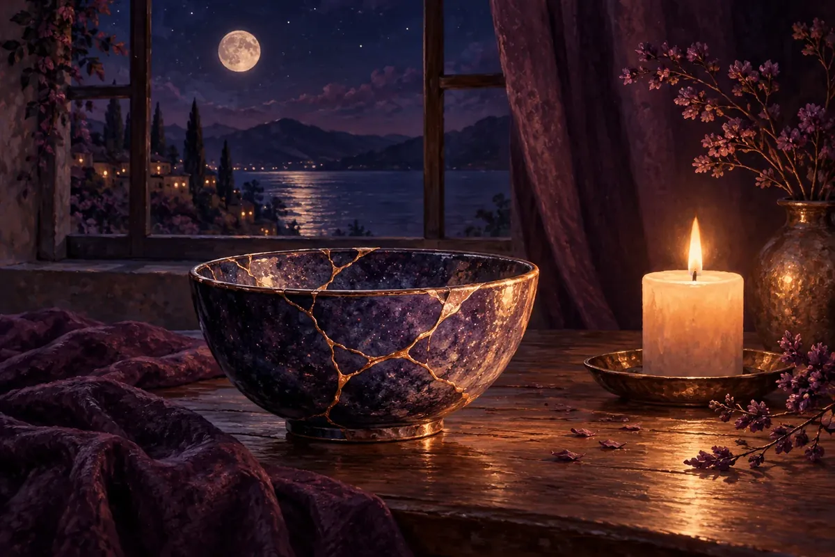 A mended ceramic bowl with rose-gold seams beside a lit candle